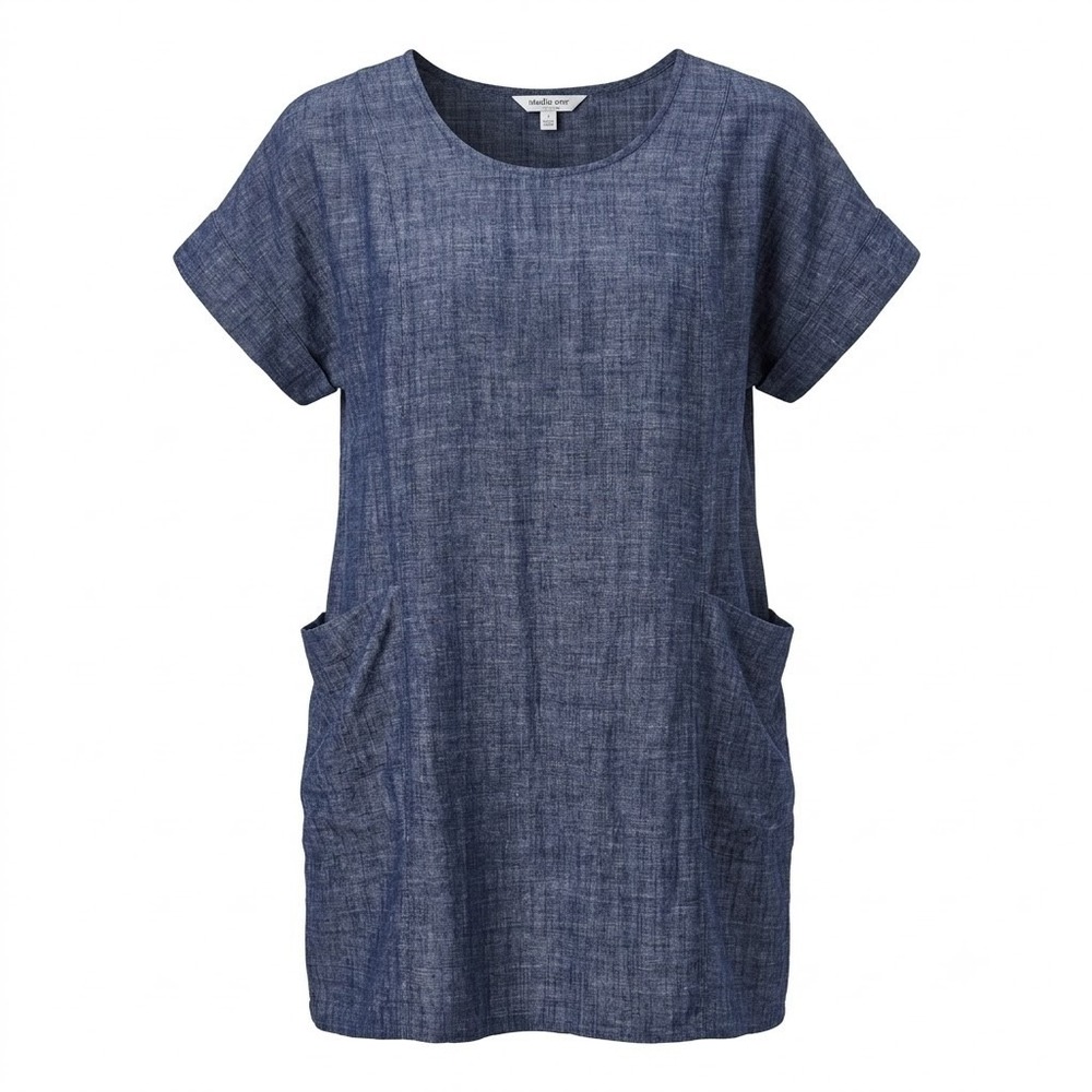 Studio One New York Blue Linen Short Sleeve Pockets Shift Dress Plus 1X - IW